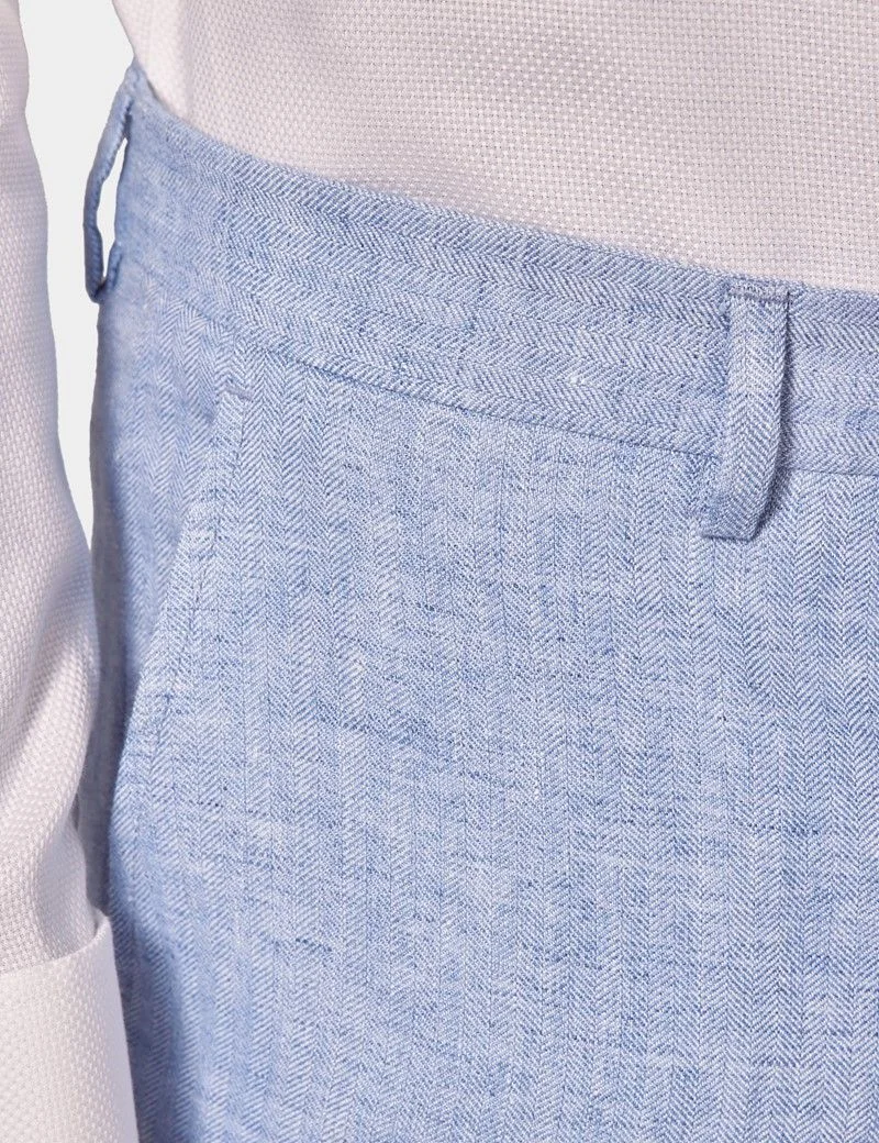 Tailored Fit Light Blue Herringbone 1913 Linen Trousers thumbnail 3