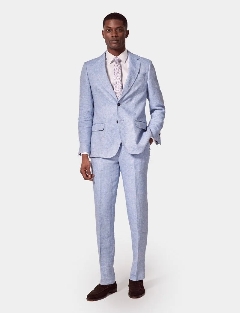 Tailored Fit Light Blue Herringbone 1913 Linen Trousers thumbnail 5