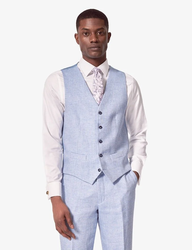 Tailored Fit Light Blue Herringbone 1913 Linen Waistcoat thumbnail 2