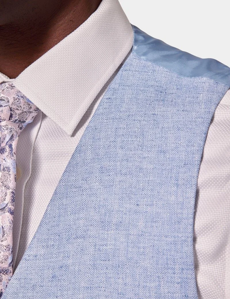Tailored Fit Light Blue Herringbone 1913 Linen Waistcoat thumbnail 3