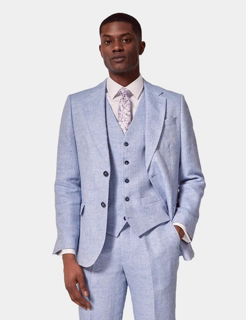 Tailored Fit Light Blue Herringbone 1913 Linen Waistcoat thumbnail 6