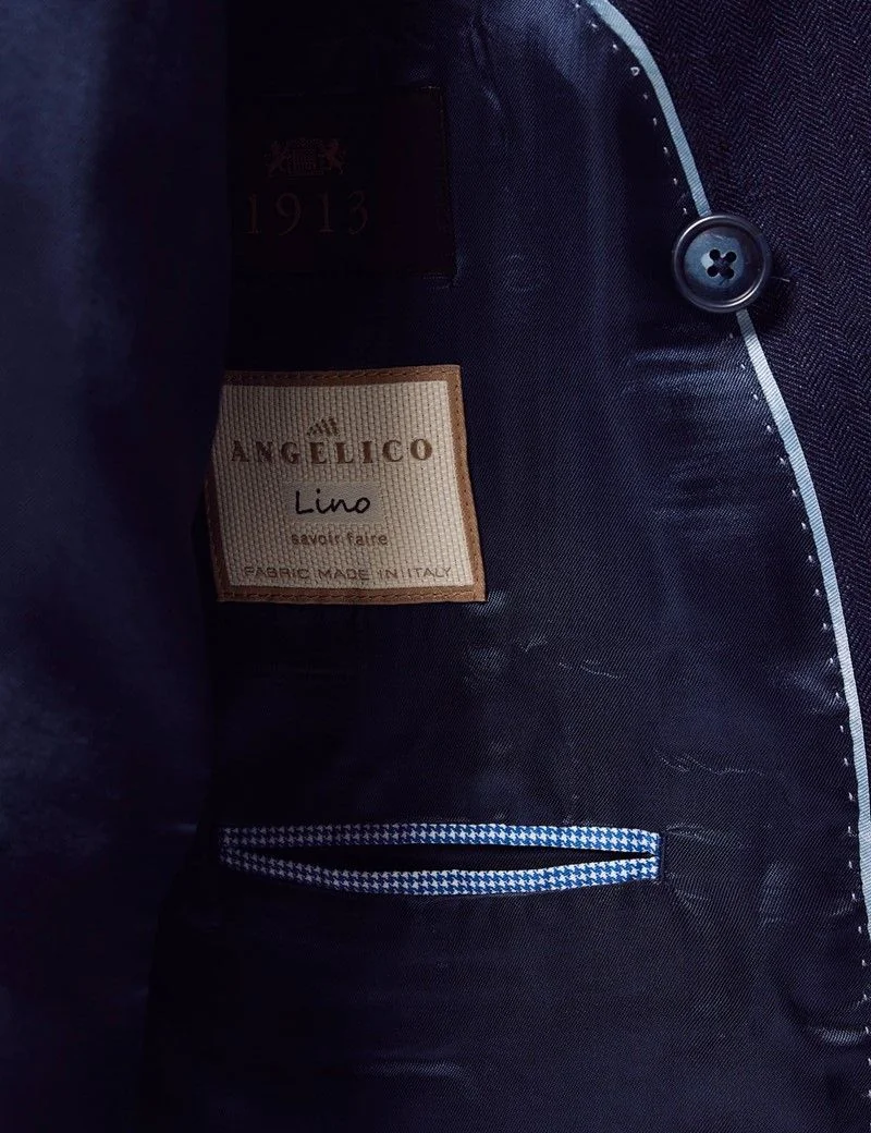 Tailored Fit Navy Herringbone 1913 Linen Suit Jacket thumbnail 4