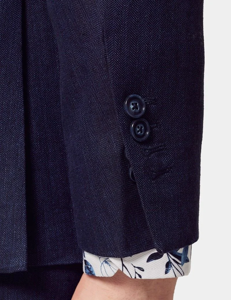 Tailored Fit Navy Herringbone 1913 Linen Suit Jacket thumbnail 6