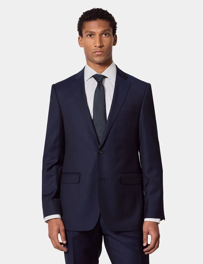 Tailored Fit Navy Herringbone Slim Suit Jacket thumbnail 2