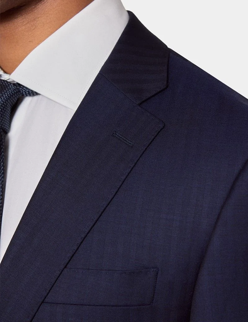 Tailored Fit Navy Herringbone Slim Suit Jacket thumbnail 3