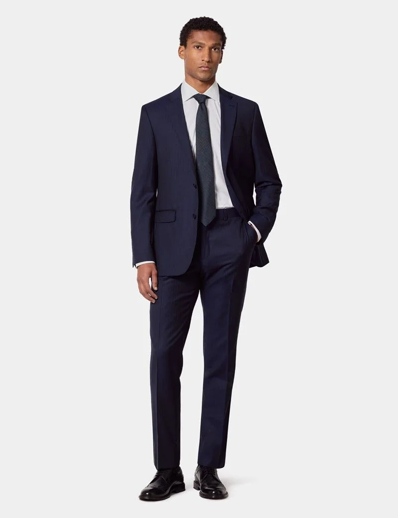 Tailored Fit Navy Herringbone Slim Suit Jacket thumbnail 4