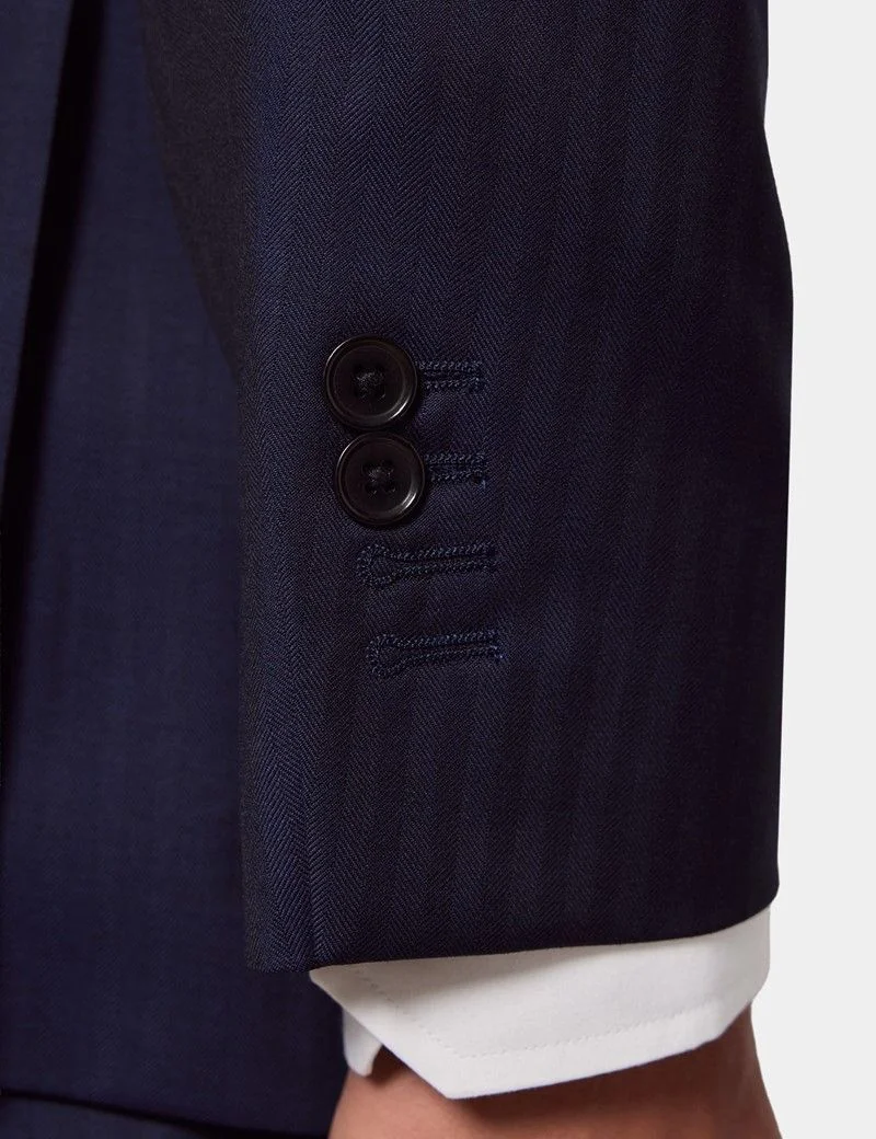 Tailored Fit Navy Herringbone Slim Suit Jacket thumbnail 5