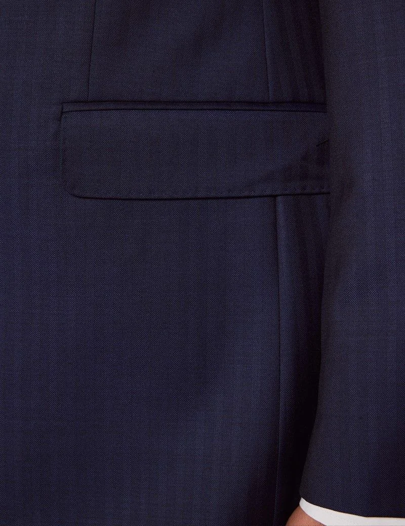 Tailored Fit Navy Herringbone Slim Suit Jacket thumbnail 9