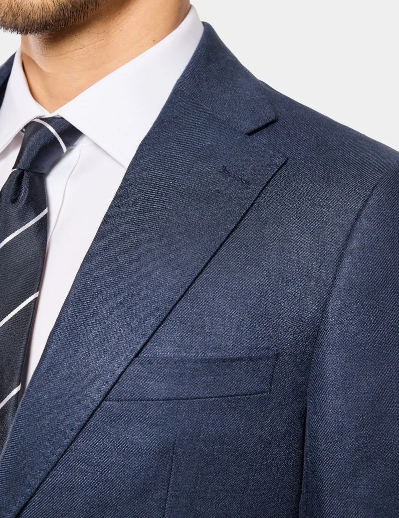 Tailored Fit Navy Linen Suit Jacket thumbnail 3
