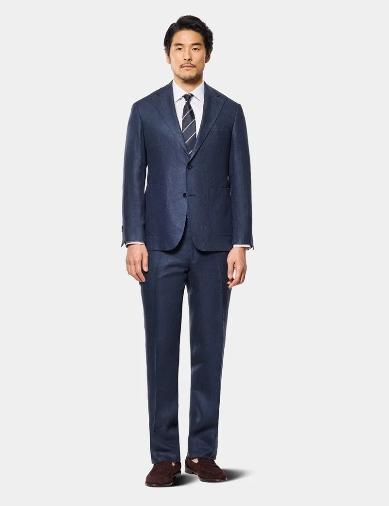 Tailored Fit Navy Linen Suit Jacket thumbnail 9