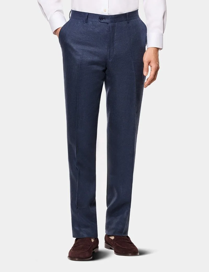 Tailored Fit Navy Linen Suit Trousers thumbnail 2