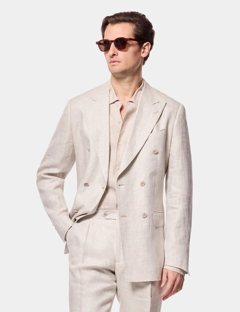 Tailored Fit Neutral Herringbone Linen Suit Jacket thumbnail 2