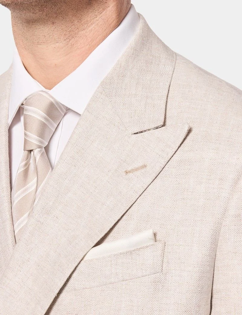 Tailored Fit Neutral Herringbone Linen Suit Jacket thumbnail 3
