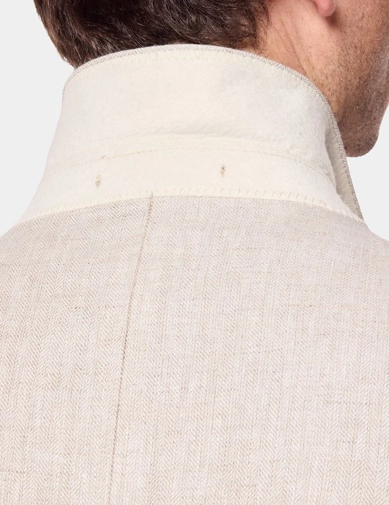Tailored Fit Neutral Herringbone Linen Suit Jacket thumbnail 6