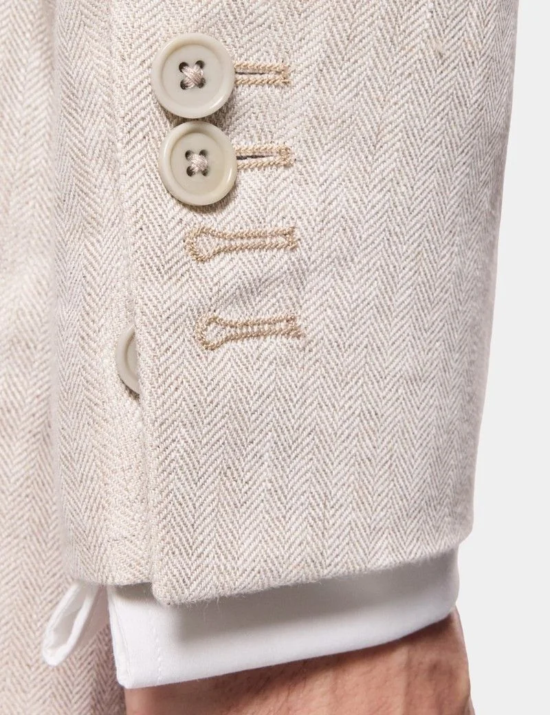 Tailored Fit Neutral Herringbone Linen Suit Jacket thumbnail 7
