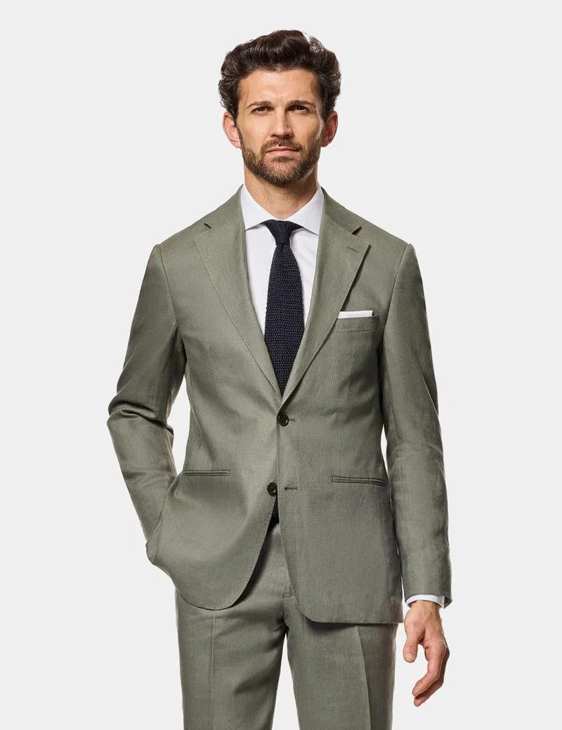 Tailored Fit Olive Linen Suit Jacket thumbnail 3