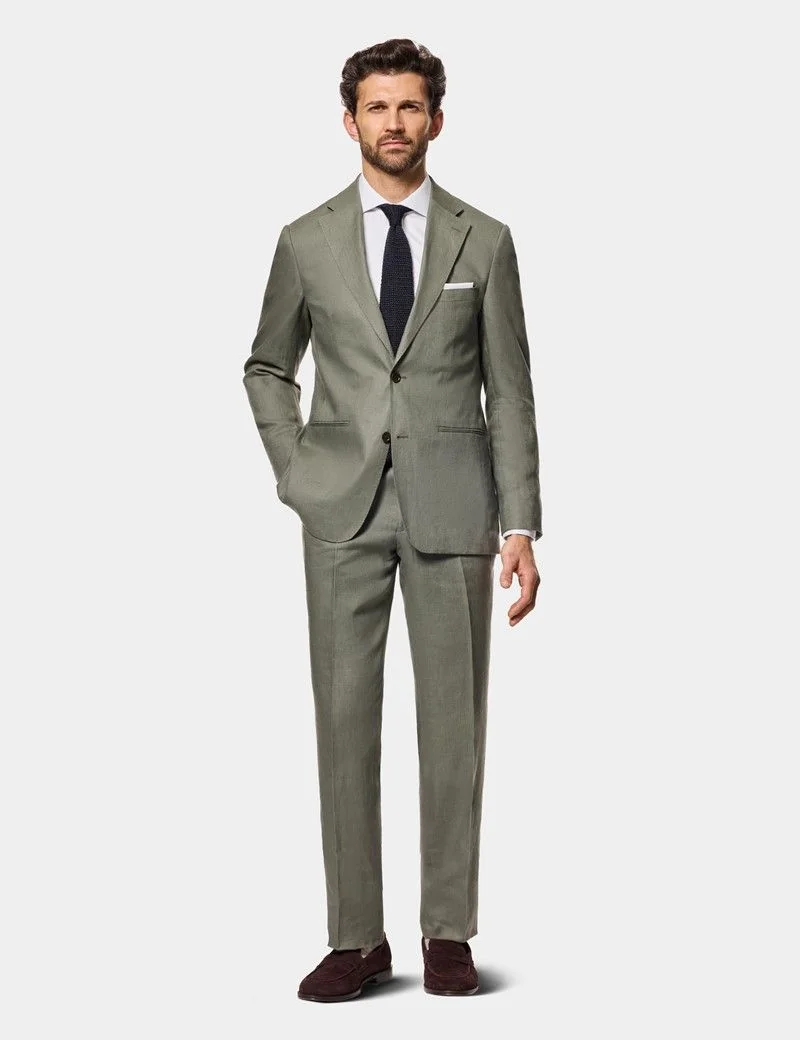 Tailored Fit Olive Linen Suit Jacket thumbnail 7