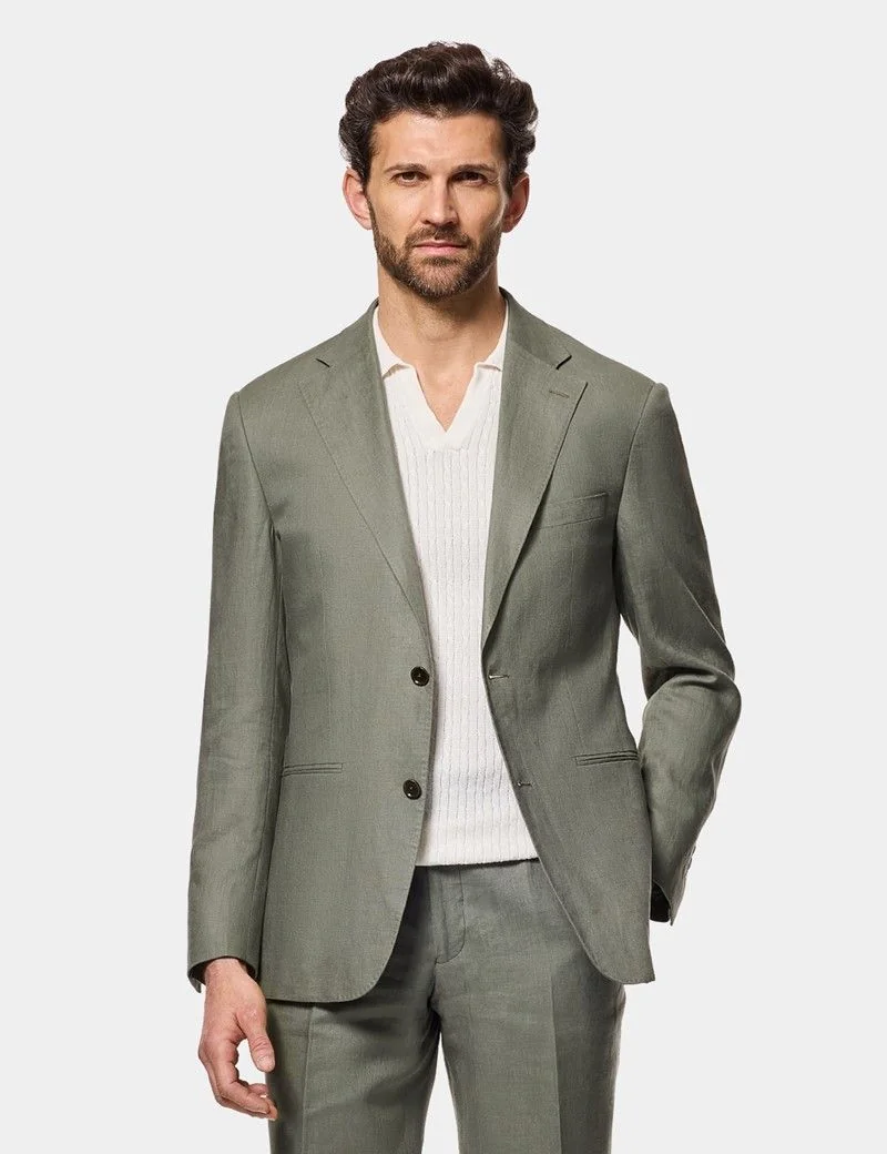 Tailored Fit Olive Linen Suit Jacket thumbnail 8