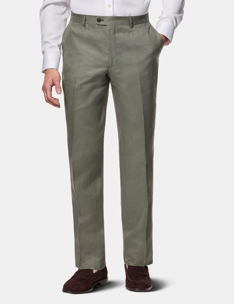 Tailored Fit Olive Linen Suit Trousers thumbnail 2