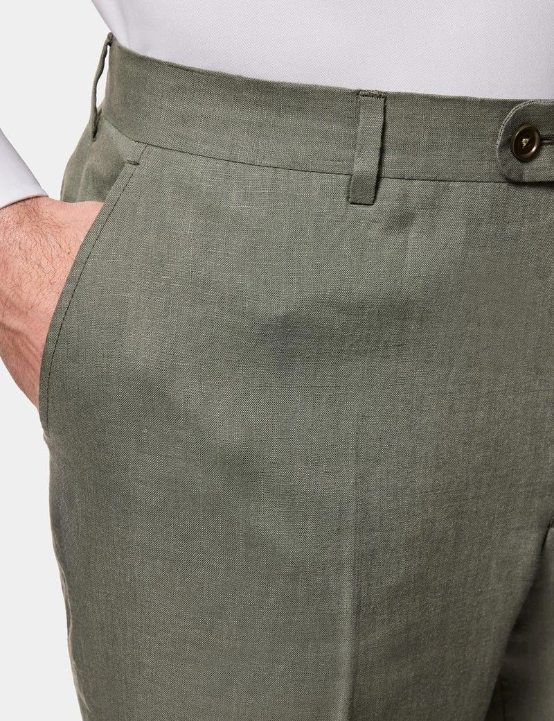 Tailored Fit Olive Linen Suit Trousers thumbnail 3