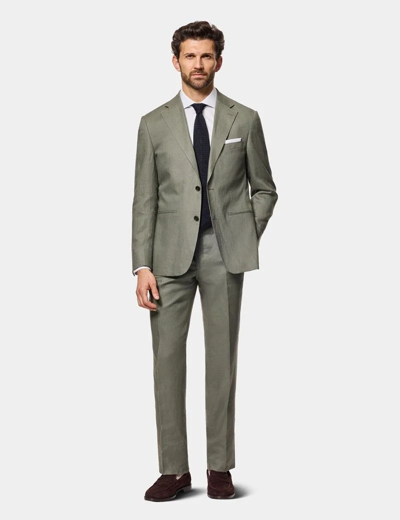 Tailored Fit Olive Linen Suit Trousers thumbnail 5