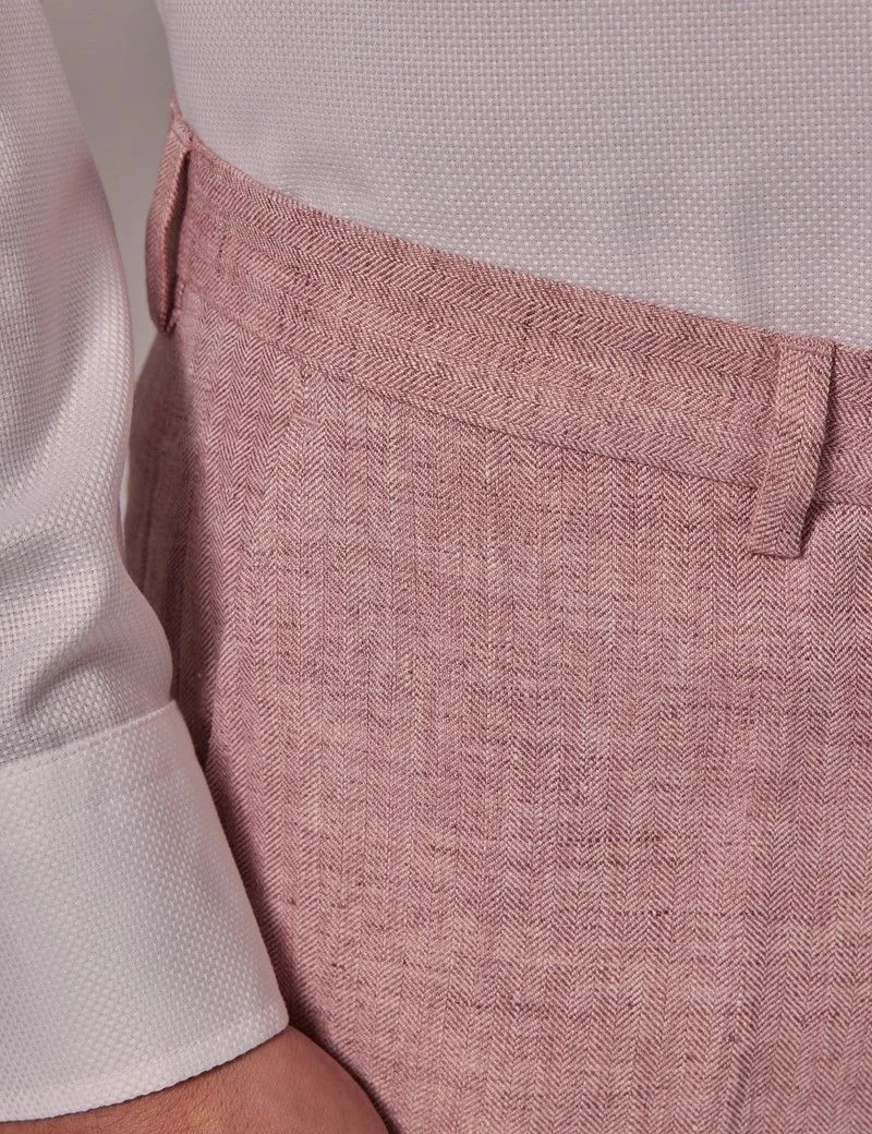 Tailored Fit Pink Herringbone 1913 Linen Trousers thumbnail 3