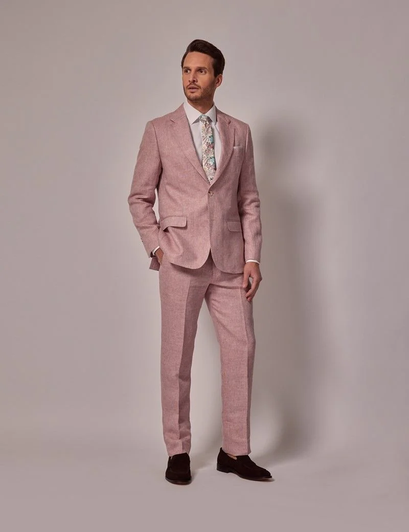 Tailored Fit Pink Herringbone 1913 Linen Trousers thumbnail 5