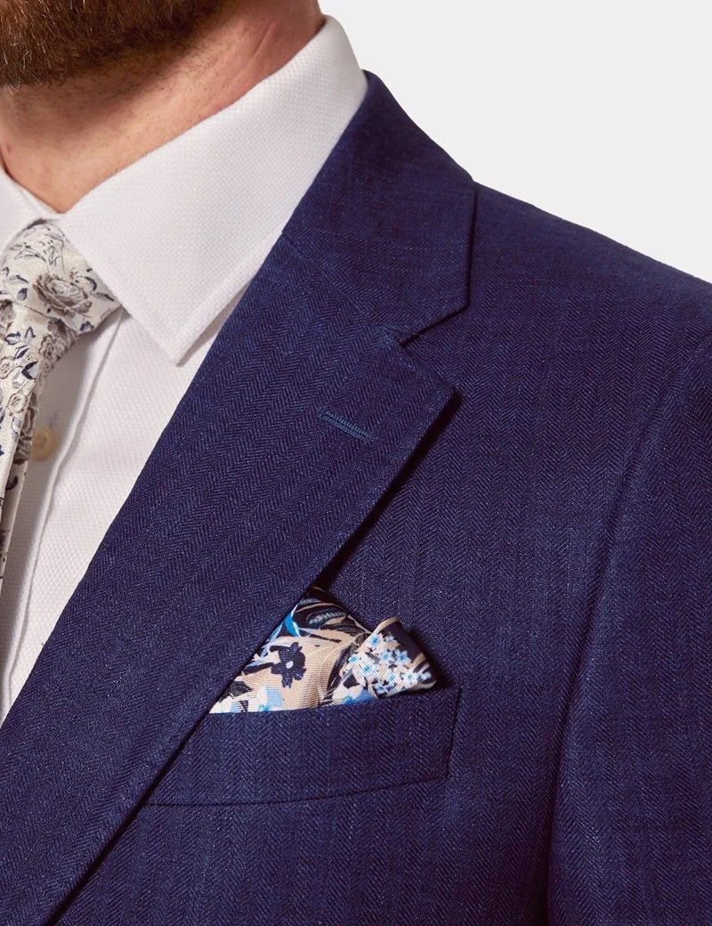 Tailored Fit Royal Blue Herringbone 1913 Linen Suit Jacket thumbnail 3