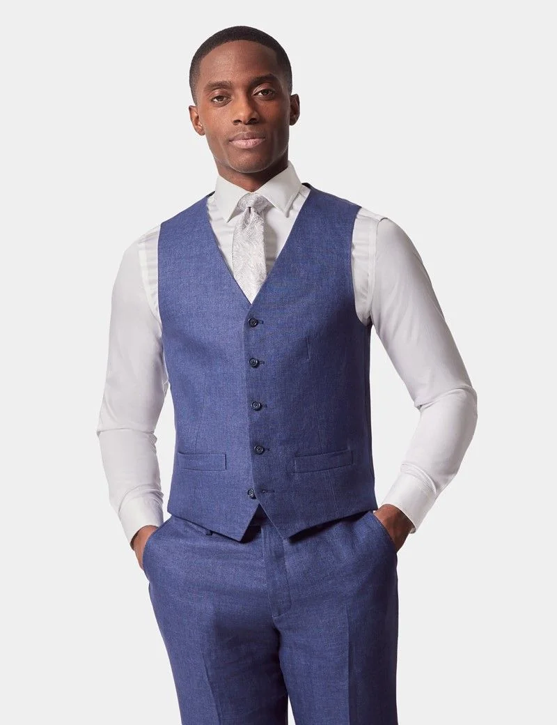 Tailored Fit Royal Blue Semi Plain 1913 Linen Waistcoat thumbnail 2