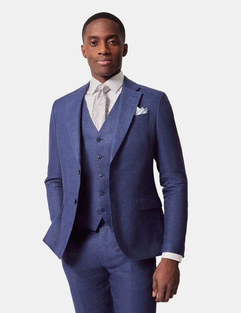 Tailored Fit Royal Blue Semi Plain 1913 Linen Waistcoat thumbnail 6