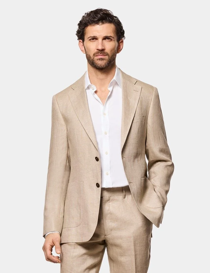 Tailored Fit Taupe Hopsack Linen Suit Jacket thumbnail 2