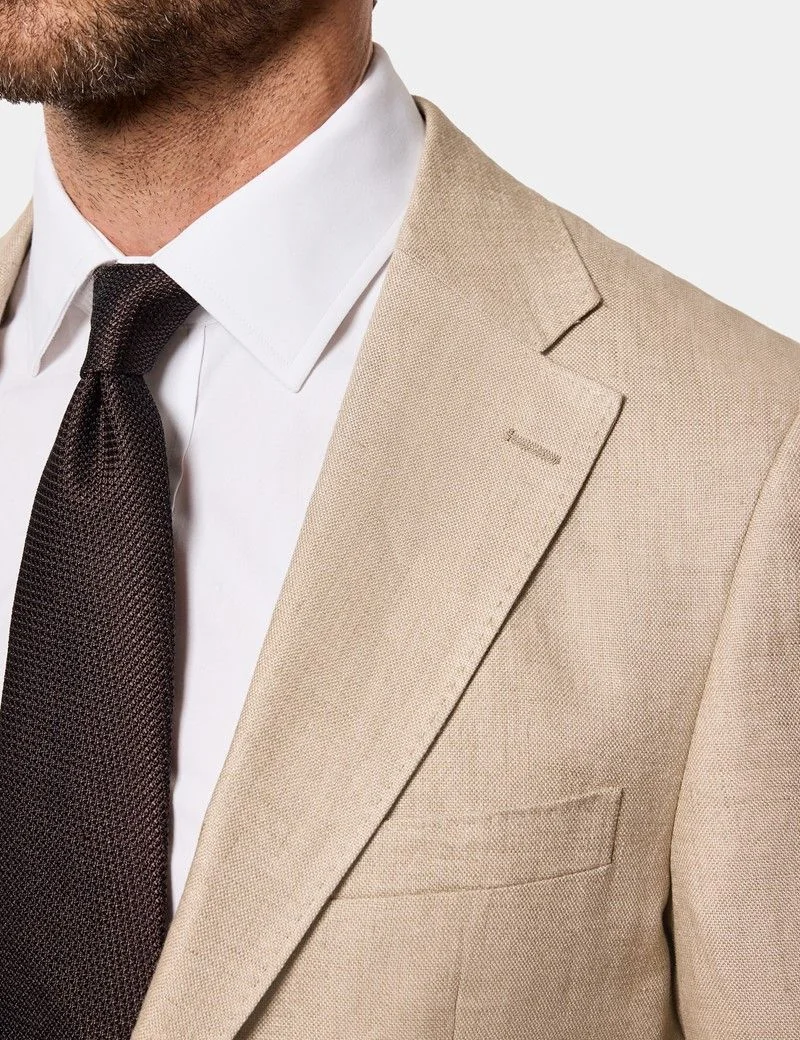 Tailored Fit Taupe Hopsack Linen Suit Jacket thumbnail 3
