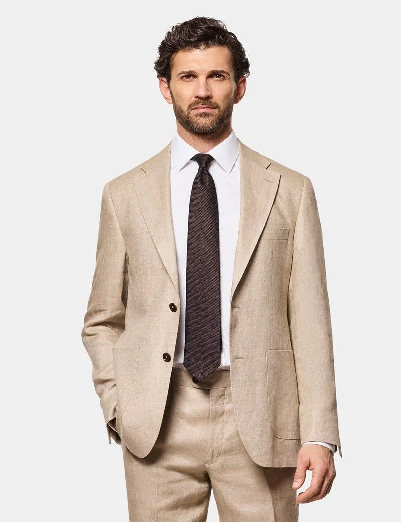 Tailored Fit Taupe Hopsack Linen Suit Jacket thumbnail 4