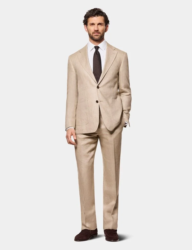 Tailored Fit Taupe Hopsack Linen Suit Jacket thumbnail 9