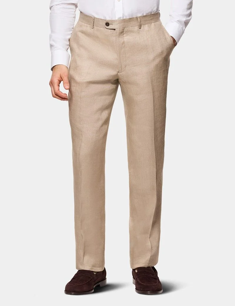 Tailored Fit Taupe Hopsack Linen Suit Trousers thumbnail 2