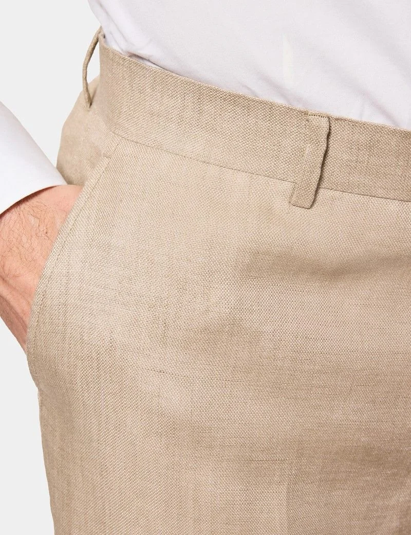 Tailored Fit Taupe Hopsack Linen Suit Trousers thumbnail 3
