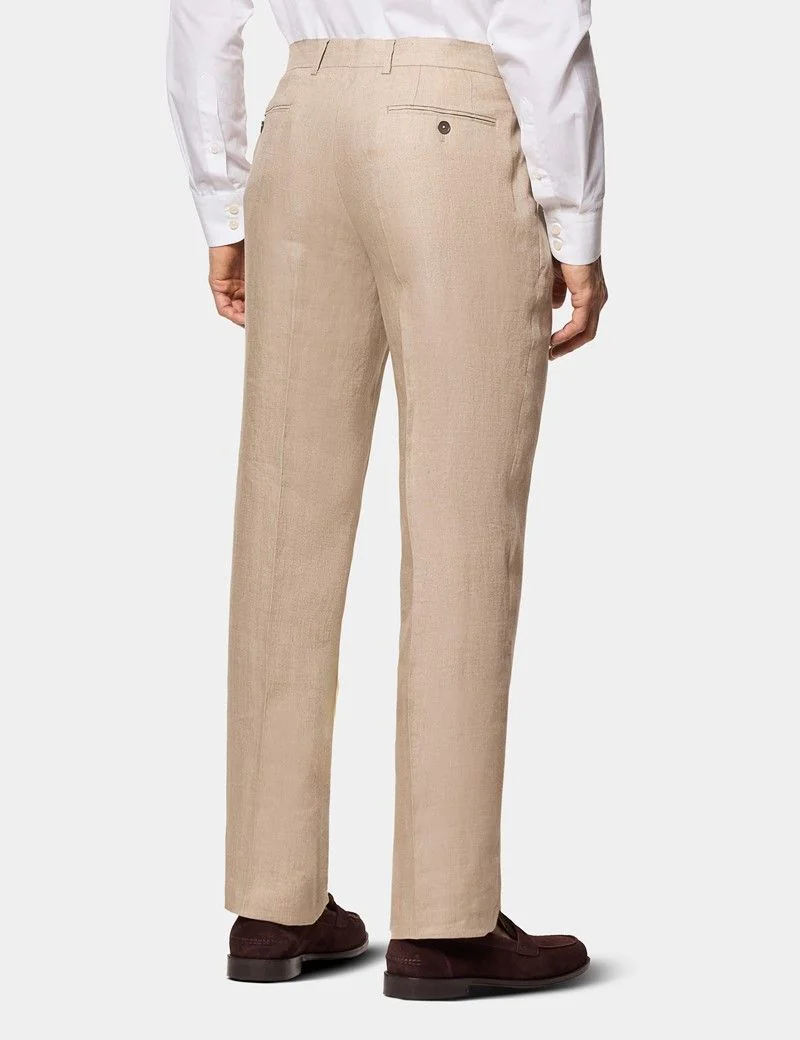 Tailored Fit Taupe Hopsack Linen Suit Trousers thumbnail 4