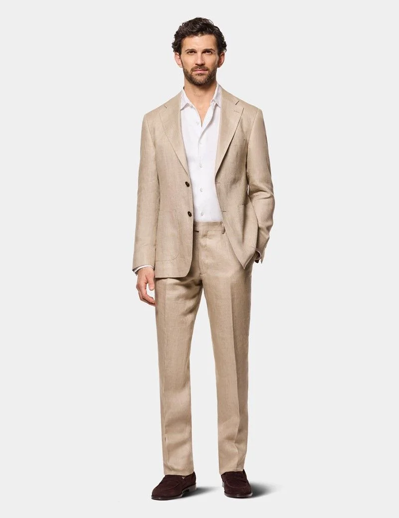 Tailored Fit Taupe Hopsack Linen Suit Trousers thumbnail 5