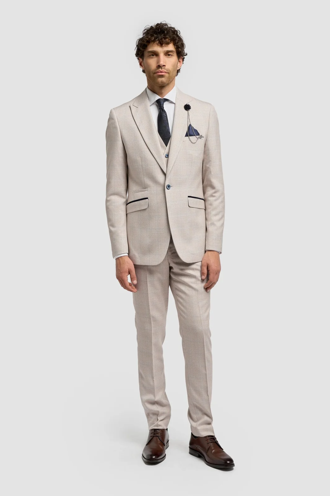 Caridi Beige Long Check Three Piece Suit