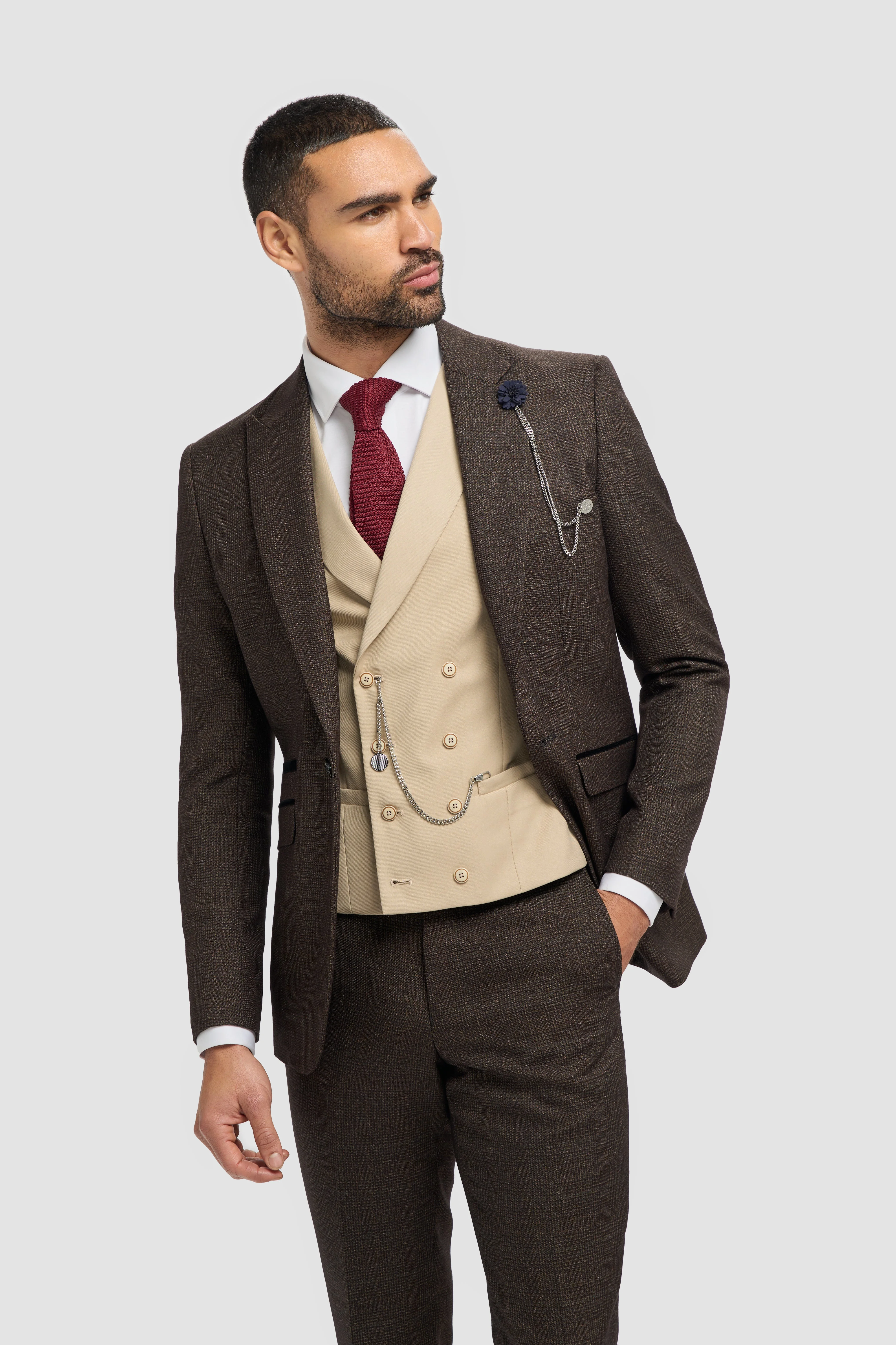 Caridi Brown with Lennox Beige Double Breasted Waistcoat thumbnail 2