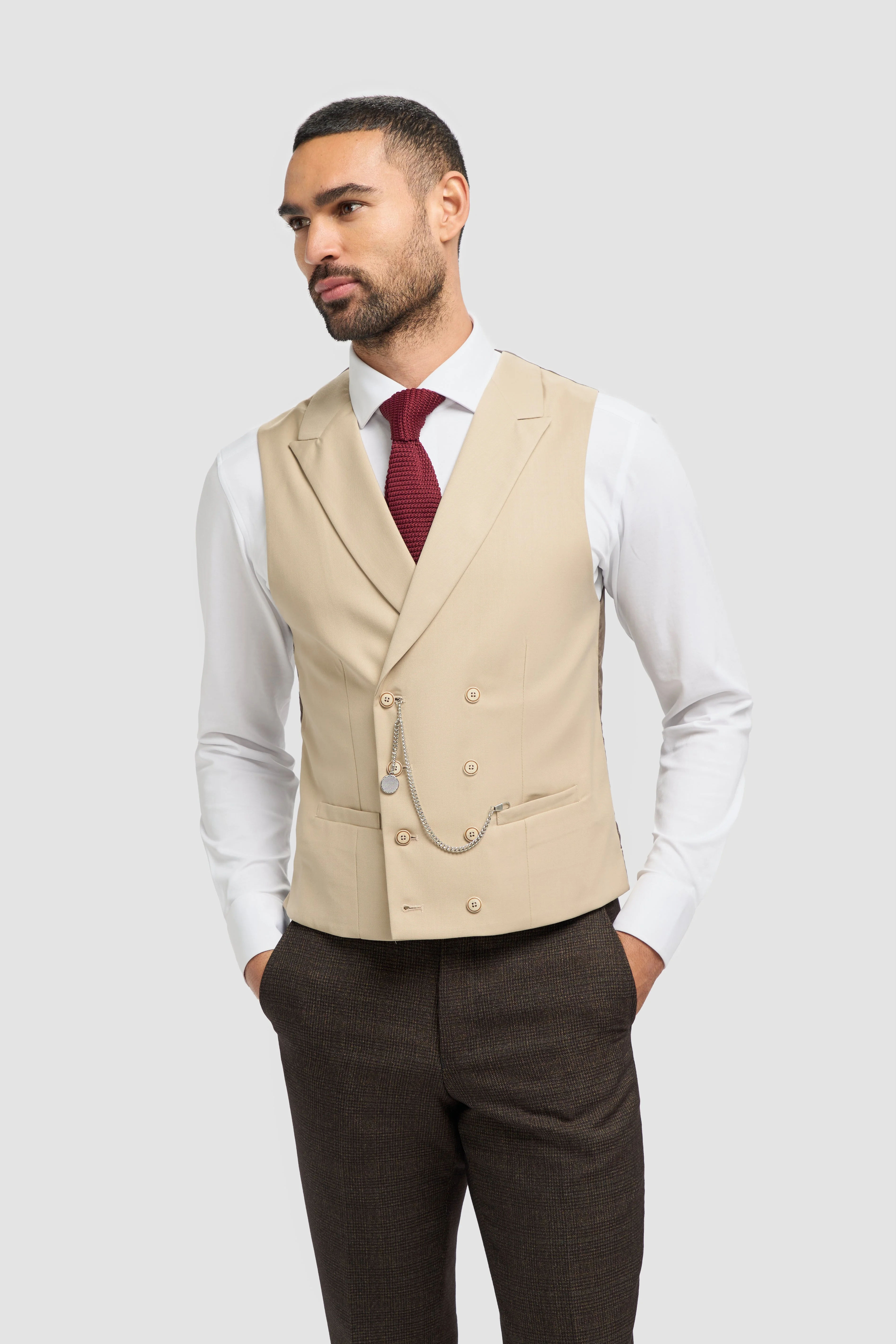 Caridi Brown with Lennox Beige Double Breasted Waistcoat thumbnail 4
