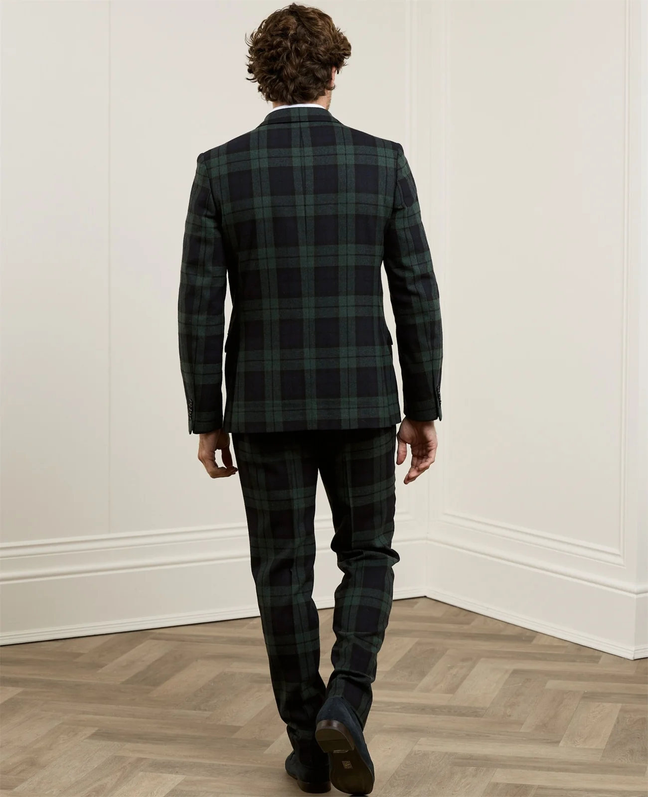 Finn Plain Front Suit Trouser in Green & Navy Blackwatch thumbnail 3