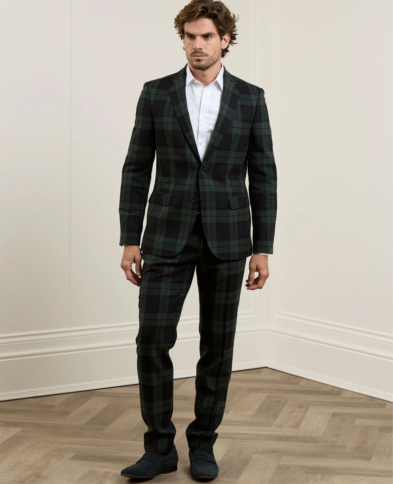 Finn Plain Front Suit Trouser in Green & Navy Blackwatch primary image