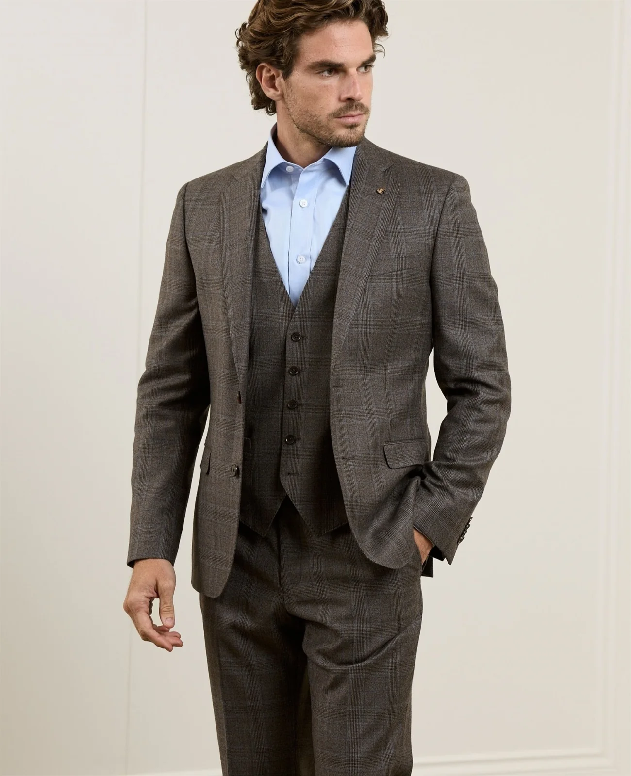 Glyde Suit Waistcoat in Oat & Chocolate Glencheck thumbnail 3