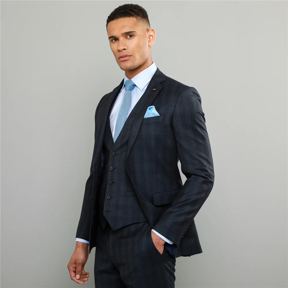 Navy Checked 3-Piece Tailored Fit Jacket thumbnail 2