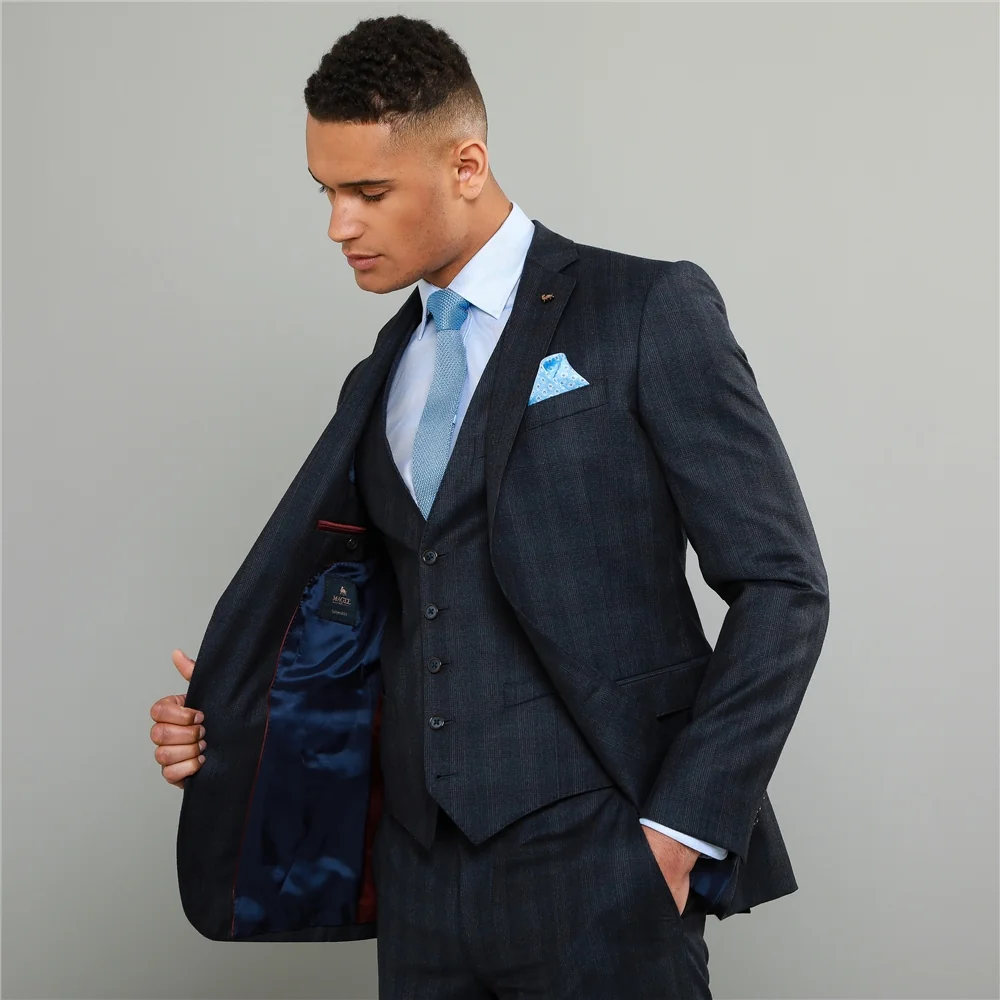 Navy Checked 3-Piece Tailored Fit Jacket thumbnail 3