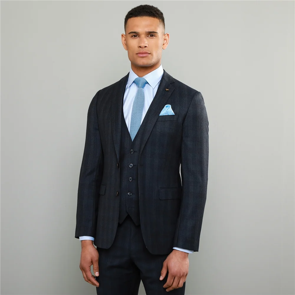 Navy Checked 3-Piece Tailored Fit Jacket thumbnail 4