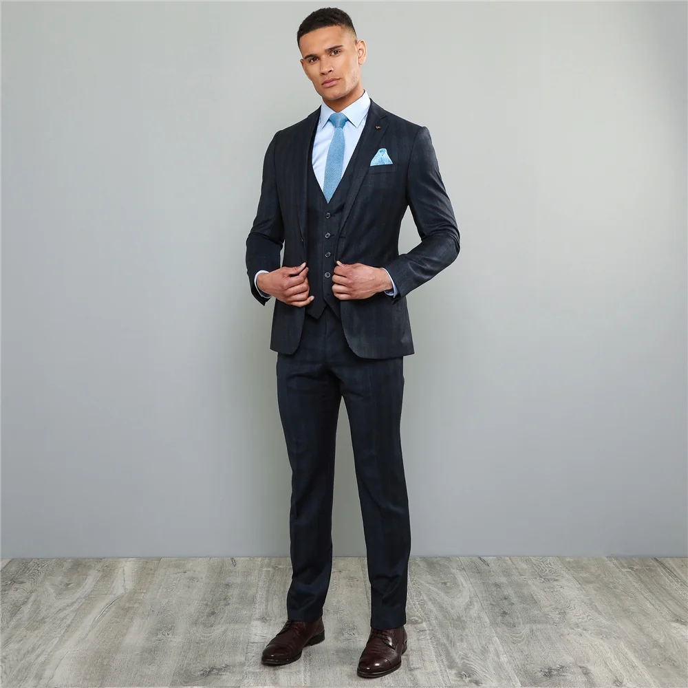 Navy Checked 3-Piece Tailored Fit Jacket thumbnail 6