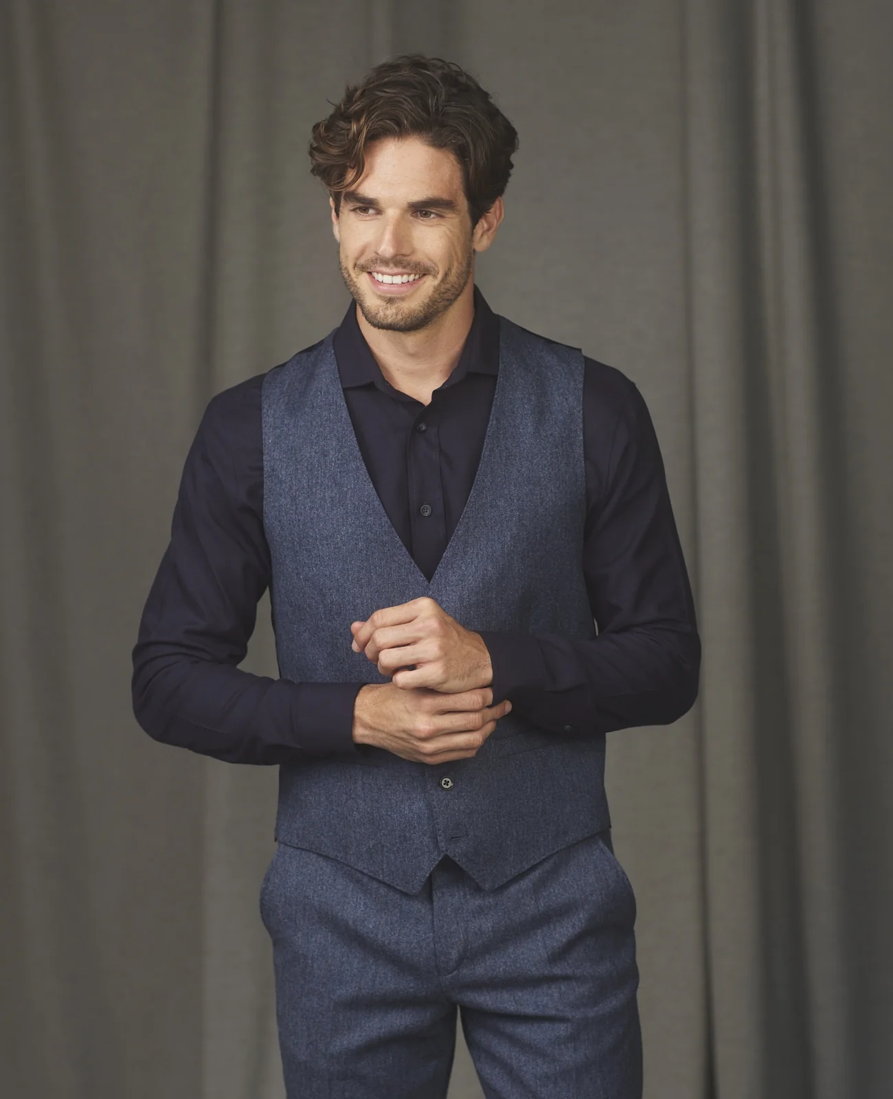 Tolka Donegal Tweed Suit Waistcoat in Blue Salt & Pepper thumbnail 4
