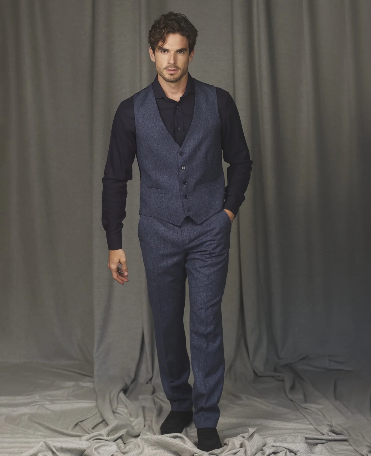 Tolka Donegal Tweed Suit Waistcoat in Blue Salt & Pepper thumbnail 5